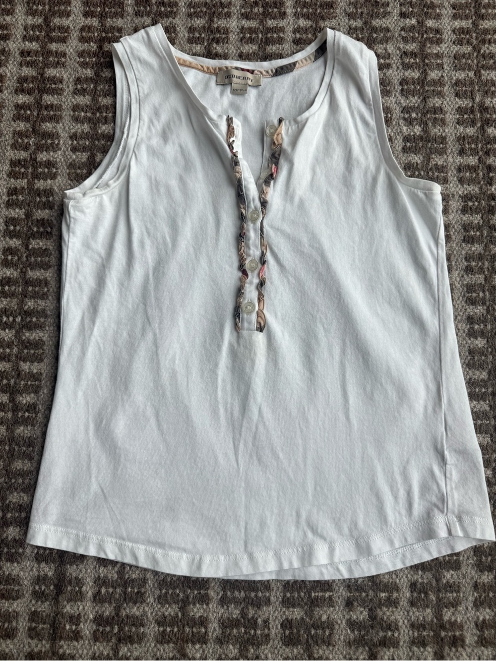 Burberry White Sleeveless Henley Tank with Patterned Trim
